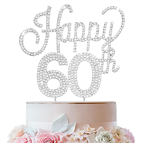 LINGTEER Tortenaufsatz mit Aufschrift "Happy 60th Birthday", silberfarbener Strass-Stein – Cheers to 60th Birthday Sixty Years Old Anniversary Party Cake Centerpieces Topper Dekorationen Geschenk Schild von LINGTEER