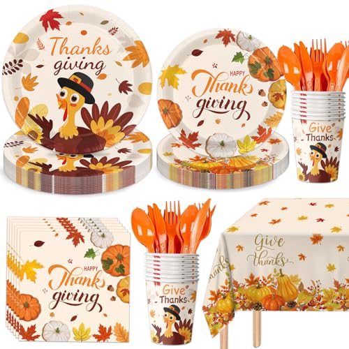 LINHAXM Türkei Thanksgiving Party Supplies Kit Herbst Thanksgiving Geschirr enthält Pappteller, Servietten, Tassen, Besteck und Tischdecke für Herbst Herbst Ernte Urlaub Party, serviert 24 von LINHAXM