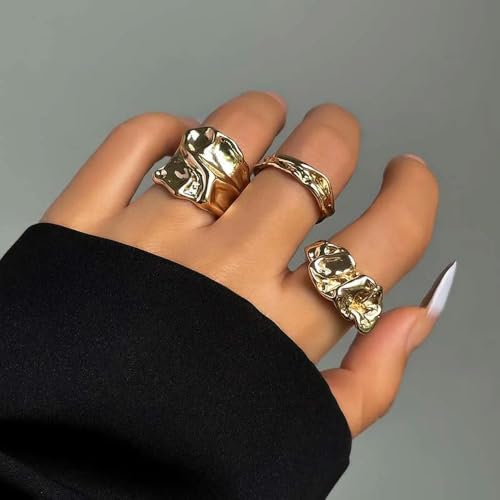 LINLN 3 Teile/Satz Mode Unregelmäßigen Offenen Ring für Frauen Minimalistischen Gold Farbe Breite Textur Verstellbare Finger Ringe Schmuck von LINLN