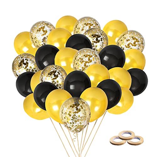 LINSOCLE 60 Stück Luftballons Gold Schwarz, Luftballon Schwarz, Ballons Gold, Ballons Schwarz Gold mit Gold Konfetti, Ballons Gold Schwarz für Hochzeit Party Dekoration von LINSOCLE