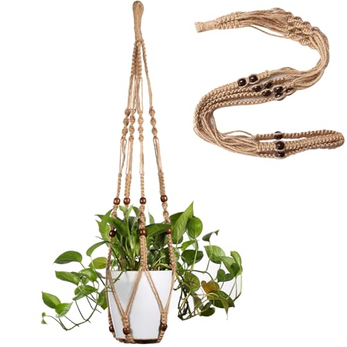 LINXIU Makramee-Pflanzenaufhänger Makramee Blumenampel Innen Blumen Ampel Balkon Wandbehang Hängeampel Pflanzen Blumentopfhalter mit Holzperlen für Heimdekoration, 89cm von LINXIU