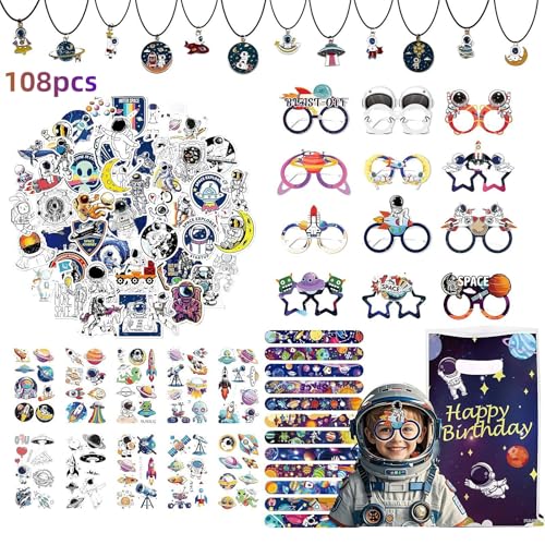 LINYUECH 108 Stück Weltraum Party Mitgebsel Kindergeburtstag mit Geschenktüten Weltraumgläser Kinder Schnapparmband Planeten Halskette Tattoos Aufkleber Gastgeschenke für Jungen von LINYUECH