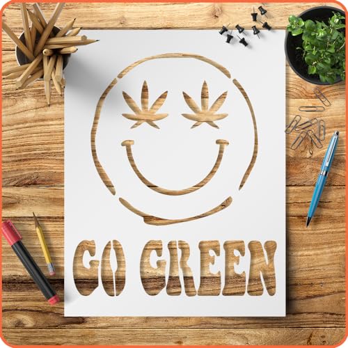 Go Green Happy Face Marihuana Weed Leaf Schablone Schablone wiederverwendbar 21,6 x 27,9 cm zum Malen auf Wänden, Holz, Glas, Scrapbooking Kunst und Handwerk LIONX von LIONX