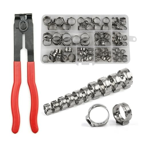 LIUCH 100 Stück stufenlose Schlauchschellen mit einem Ohr, 5,3–15,3 mm, 304 Edelstahl-Rohrschellen, Cinch-Klemmringe mit Box oder 1 Stück Zange(100pcs (no pliers)) von LIUCH