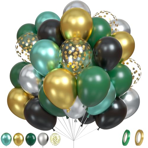 LIUCONGBD 60 Stück Green Black Gold Latex Balloons 10 Inch, Metallic Gold Silver Confetti Balloons with Ribbons, Green Party Balloons for Jungle Safari Theme Baby Shower Birthday Wedding Decorations von LIUCONGBD