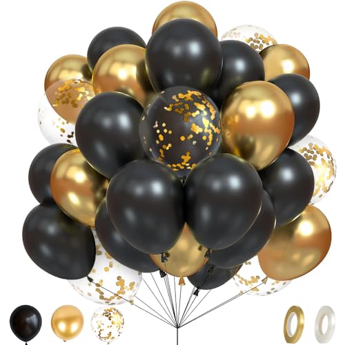 LIUCONGBD 60 Stück Schwarz Gold Latex Ballons 10 Zoll, Metallic Gold Konfetti Ballons mit Bändern, Gold Polka Dot Transparent Party Ballons für Geburtstag Verlobung Hochzeit Jahrestag Dekorationen von LIUCONGBD