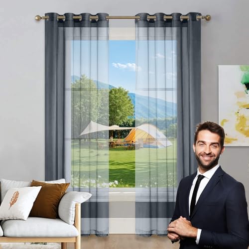 LIUNADM Gardine Halbtransparent mit Ösen 100 x 140 cm Polyester, mit Ösen Transparent Küchengardinen Fenster Kurzgardinen für Wohnzimmer Landhaus Kleine Fenster, Grau von LIUNADM