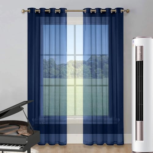 LIUNADM Gardine Halbtransparent mit Ösen 100 x 185 cm Wärmeisolierend, Ösenvorhang Küchengardinen Fenster Kurzgardinen für Wohnzimmer Landhaus Kleine Fenster, Dunkelblau von LIUNADM