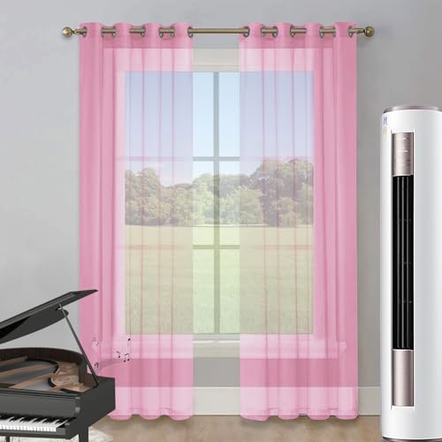 LIUNADM Gardine Halbtransparent mit Ösen 100 x 215 cm Wärmeisolierend, Ösenvorhang Scheibengardine Voile, Küche Kurzgardine für Küche Wohnzimmer Landhaus, Rosa von LIUNADM