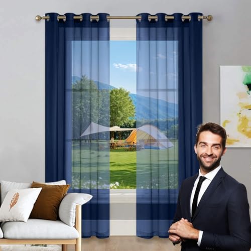 LIUNADM Gardine Halbtransparent mit Ösen 100 x 265 cm Polyester, mit Ösen Transparent Vorhang Kurzgardine Gardine, Vorhänge mit Ösen für Küche Wohnzimmer Landhaus, Dunkelblau von LIUNADM