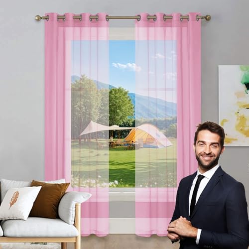 LIUNADM Gardine Halbtransparent mit Ösen 100 x 270 cm Wärmeisolierend, Ösenvorhang Vorhang Kurzgardine Gardine, Vorhänge mit Ösen für Küche Büros Wohnzimmer Schlafzimmer, Rosa von LIUNADM