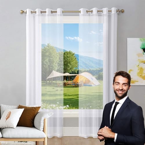 LIUNADM Gardine Halbtransparent mit Ösen 175 x 195 cm Wärmeisolierend, Ösenvorhang Küchengardinen Fenster Kurzgardinen für Küche Wohnzimmer Landhaus, Weiß von LIUNADM