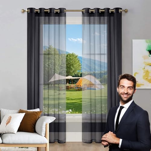 LIUNADM Gardine Halbtransparent mit Ösen 175 x 215 cm Größe Und Farbe Wählbar Vorhang Kurzgardine Gardine, Vorhänge mit Ösen für Wohnzimmer Landhaus Kleine Fenster, Schwarz von LIUNADM