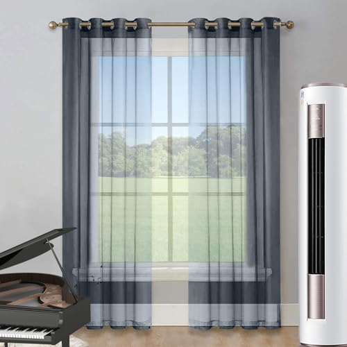 LIUNADM Gardine Halbtransparent mit Ösen 175 x 270 cm Polyester, mit Ösen Transparent Thermovorhang Kälteschutz - Vorhang Blickdicht mit Ösen für Wohnzimmer Landhaus Kleine Fenster, Grau von LIUNADM