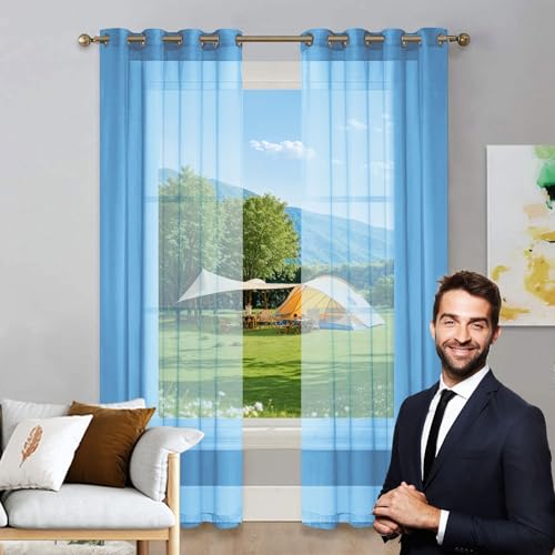 LIUNADM Gardine Halbtransparent mit Ösen 200 x 215 cm Wärmeisolierend, Ösenvorhang Scheibengardine Voile, Küche Kurzgardine für Küche Wohnzimmer Landhaus, Himmelblau von LIUNADM