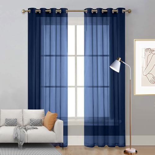 LIUNADM Gardine Halbtransparent mit Ösen 200 x 50 cm Polyester, mit Ösen Transparent Scheibengardine Voile, Küche Kurzgardine für Wohnzimmer Landhaus Kleine Fenster, Dunkelblau von LIUNADM