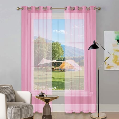 LIUNADM Gardine Halbtransparent mit Ösen 270 x 240 cm Größe Und Farbe Wählbar Vorhang Kurzgardine Gardine, Vorhänge mit Ösen für Küche Wohnzimmer Landhaus, Rosa von LIUNADM