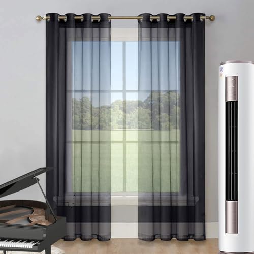 LIUNADM Gardine Halbtransparent mit Ösen 50 x 140 cm Wärmeisolierend, Ösenvorhang Thermofenstervorhänge, Kurzgardine Voile für Küche Wohnzimmer Landhaus, Schwarz von LIUNADM