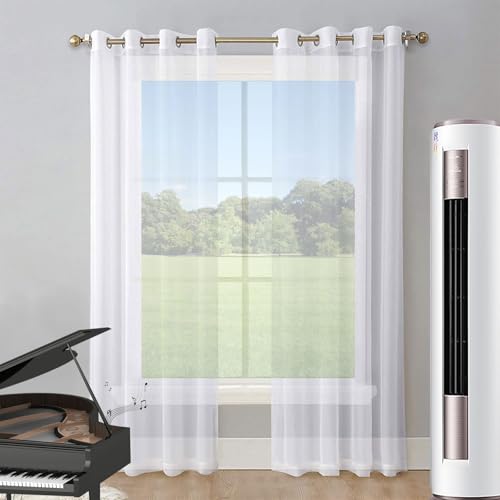 LIUNADM Gardine Halbtransparent mit Ösen 50 x 205 cm Polyester, mit Ösen Transparent Küchengardinen Fenster Kurzgardinen für Küche Wohnzimmer Landhaus, Weiß von LIUNADM