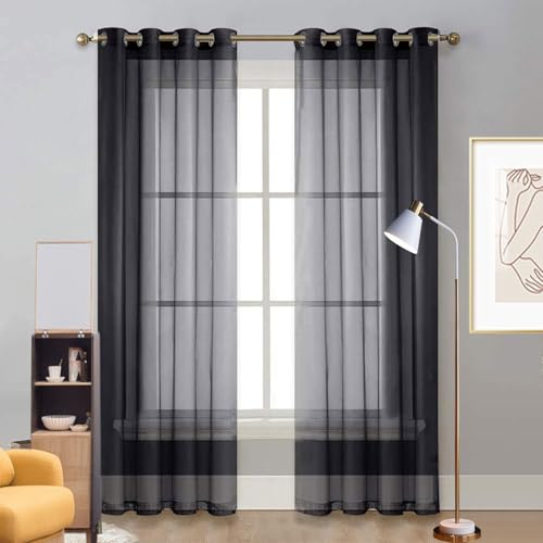 LIUNADM Voile Scheibengardine 125 x 165 cm Polyester, mit Ösen Transparent Thermofenstervorhänge, Kurzgardine Voile für Wohnzimmer Landhaus Kleine Fenster, Schwarz von LIUNADM