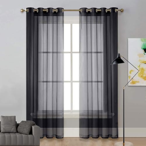 LIUNADM Voile Scheibengardine 270 x 90 cm Wärmeisolierend, Ösenvorhang Thermofenstervorhänge, Kurzgardine Voile für Küche Wohnzimmer Landhaus, Schwarz von LIUNADM