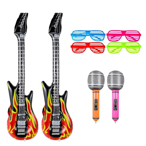 8 Stück Aufblasbare Gitarre, Luftgitarren zum Aufblasen, Rock Toy Musikinstrument Set Shutters Brille Aufblasbares Mikrofon, Flammen Luftgitarre Party Props für Karneval Rock Party von LIURFLNC