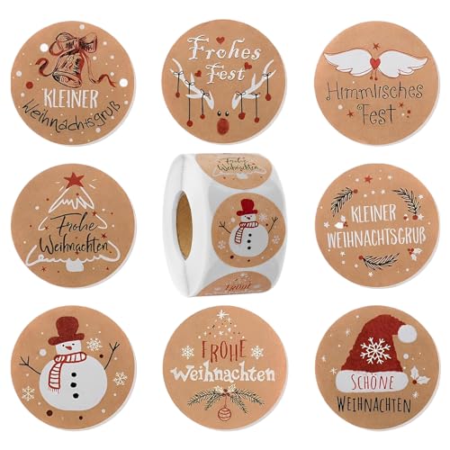 Aufkleber Weihnachten, Kraftpapier Rund Weihnachtsaufkleber im 8 Stil 500 Stück, Weihnachtssticker Selbstklebend, Weihnachtsaufkleber Selbstklebend für Geschenktüten Weihnachtsdeko von LIURFLNC