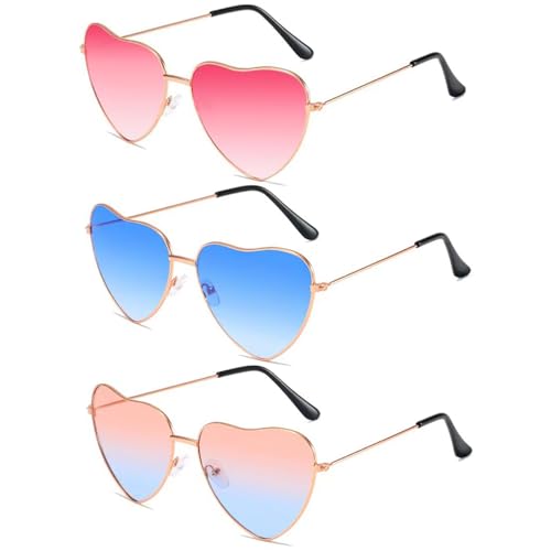 LIURFLNC 3 Paar Sonnenbrille Herzform, Rosarote Brille, Retro Hippie Herz Sonnenbrille, Lustige Herzbrille für Kinder Herren Damen Fasching Party Hippie Chic Foto Requisiten & Kleid Accessoires von LIURFLNC