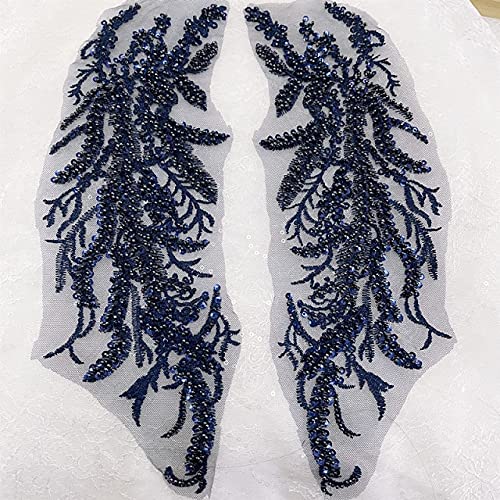 LIUXIN 2 Stück Perlen Pailletten 3D Abziehbilder Spiegel Blume Spitze Stoff Abendkleid Vorne Brust Zurück Applikation Patch Dekoration, Navy von LIUXIN