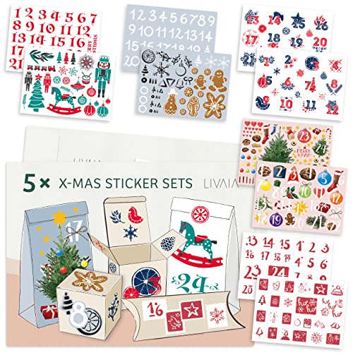 Aufkleber Weihnachten: 325 Schöne Weihnachts Sticker und Zahlenaufkleber 1-24 im Set mit 10 Bögen – Aufkleber Adventskalender Zahlen, Weihnachts Aufkleber – Weihnachten Sticker Adventskalender LIVAIA von LIVAIA