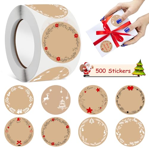 Aufkleber Weihnachten, 500 Stück 4cm Kraftpapier Aufkleber Rund Weihnachtsaufkleber Geschenksticker zum Beschriften Etiketten Selbstklebend, Für Party Geschenkverpackungen Umschlag von LIVESTN