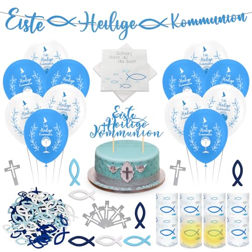 Kommunion Deko, Konfirmation Deko Junge, Taufe Deko, Kommunion Girlande + Windlicht Fisch + Servietten + Holz Fische Kreuz Deko + Luftballons + Cake Topper, Erstkommunion Deko Tischdeko von LIVESTN