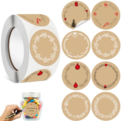 Kraftpapier Aufkleber, 500 Stk 4cm Aufkleber Weihnachten Kraft Etiketten Aufkleber Selbstklebend Geschenksticker Weihnachtsaufkleber zum Beschriften für Geschenke,Marmeladen,Verpackung (B) von LIVESTN