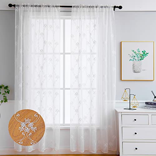 LIVETTY Rod Pocket Voile Vorhänge Gardinen 2er Set 3D Bestickte Länge Fenster Vorhänge Dekorative Vorhänge für Küche Schlafzimmer Cafe Wohnzimmer Luftig Dekoschal für Schlafzimmer-132 X 213 cm Weiß-A von LIVETTY