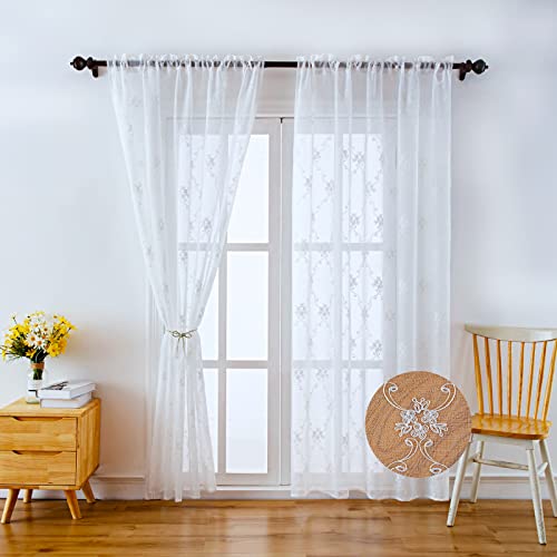 LIVETTY Rod Pocket Voile Vorhänge Gardinen 2er Set 3D Bestickte Länge Fenster Vorhänge Dekorative Vorhänge für Küche Schlafzimmer Cafe Wohnzimmer Luftig Dekoschal für Schlafzimmer-132 X 260 cm Weiß-A von LIVETTY