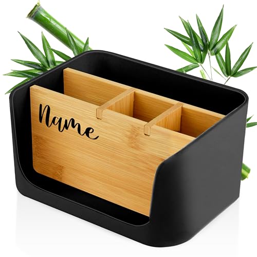 ECO Schreibtisch Organizer | Tisch- Büro- Kosmetik- Organizer | Handy & Tablet Halterung | Stiftehalter Schreibtisch | Briefablage | Serviettenhalter | Organizer box (schwarz, klein - PERSONALISIERT) von LIVONDO