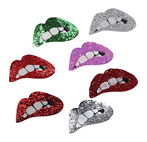 LIXBD 7 x Lippenaufnäher zum Aufbügeln oder Aufnähen für Kleidung, Glitzer-Pailletten, bestickte Pailletten, zum Selbermachen, Motiv bestickte Applikation (Farbe: Bild 1, Größe: 26,5 x 14,5 cm) von LIXBD