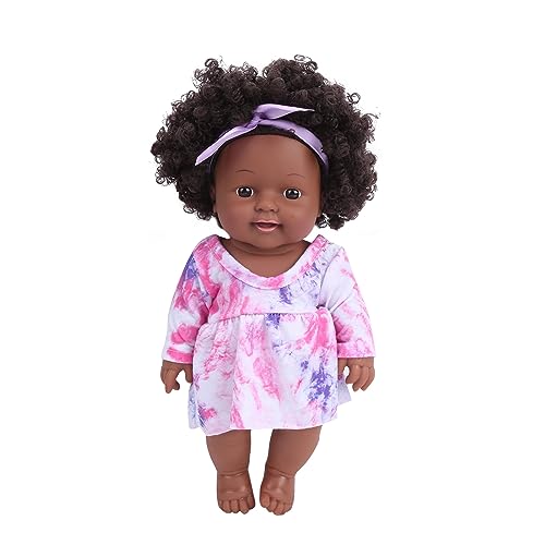 30 cm Babypuppe mit schönem lockigem Haar, Simulation afrikanisches schwarzes Spielzeug, tragbare Kleidung, wiedergeborene Babypuppe für Kleinkinder von 1–3 Jahren, kleine Kinder, (Q12-037 rosa Rock) von LIYJTK