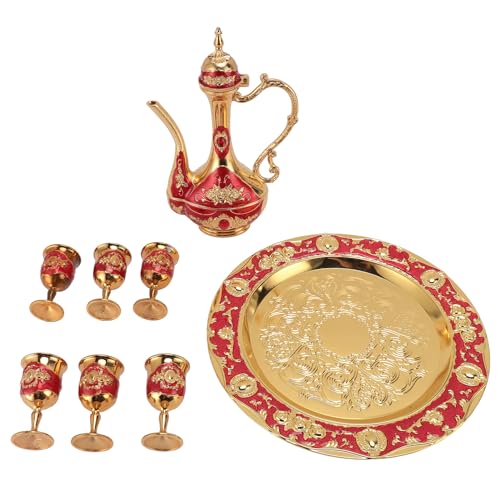 8-teiliges Tee-Set mit Teetablett, Zinklegierung, rostfrei, farbecht, elegantes türkisches Tee-Set für Zuhause, Party, Bankett, Hochzeit (Gold Red) von LIZEALUCKY