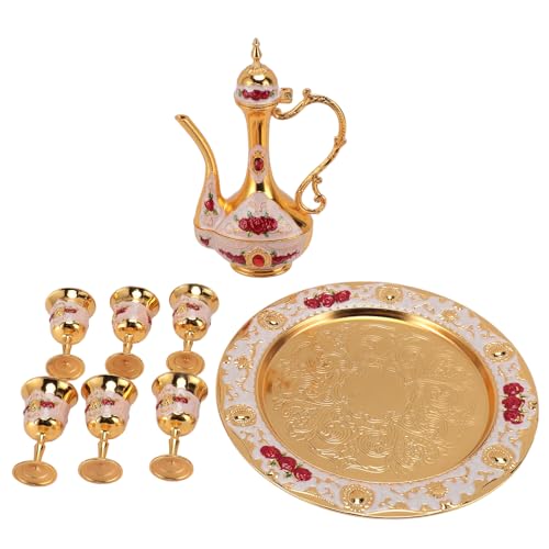 8-teiliges Tee-Set mit Teetablett, Zinklegierung, rostfrei, farbecht, elegantes türkisches Tee-Set für Zuhause, Party, Bankett, Hochzeit (Gold White Red) von LIZEALUCKY