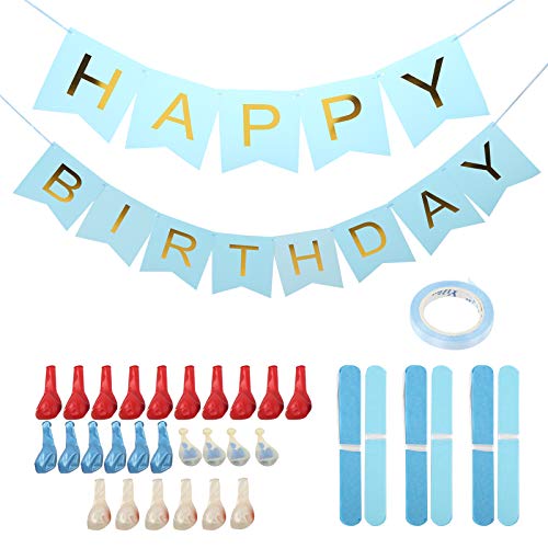 Happy Birthday Banners, Decorations Banner with Balloons Party Decoration Balloon Paper Flower Ball Decorative Card Accessory Pull Flag Background Toy Set Blue von LIZEALUCKY