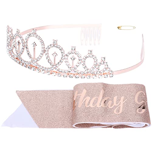 LIZEALUCKY Schärpe und Tiara für Geburtstagsmädchen, Roségold, glitzernde Schärpe für Geburtstagsmädchen, Strass-Kronen-Tiara-Set für Party von LIZEALUCKY