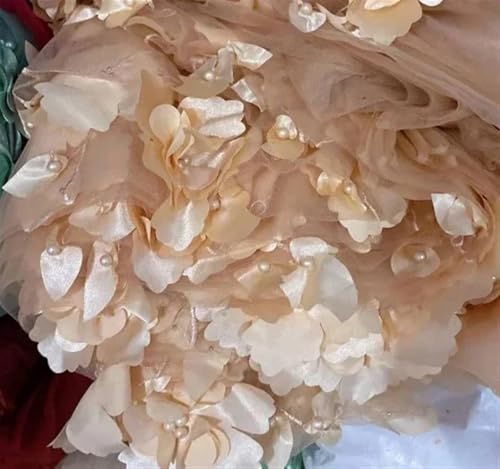 LIZHAYG Braut Spitze Stoffe 14 Farbe Perlen 3D Blume geheftet Spitze Stoff Hochzeit Kleid DIY Kleidung Nähen Stoff Spitzenstoff Zierspitze(Champagne golden,1Meter) von LIZHAYG