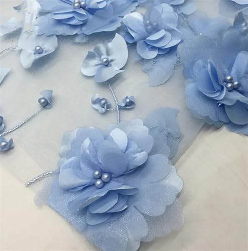 LIZHAYG Braut Spitze Stoffe 14 Farbe Perlen 3D Blume geheftet Spitze Stoff Hochzeit Kleid DIY Kleidung Nähen Stoff Spitzenstoff Zierspitze(Light Blue,1Meter) von LIZHAYG