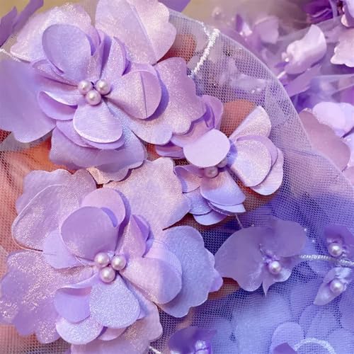 LIZHAYG Braut Spitze Stoffe 14 Farbe Perlen 3D Blume geheftet Spitze Stoff Hochzeit Kleid DIY Kleidung Nähen Stoff Spitzenstoff Zierspitze(Purple,1Meter) von LIZHAYG