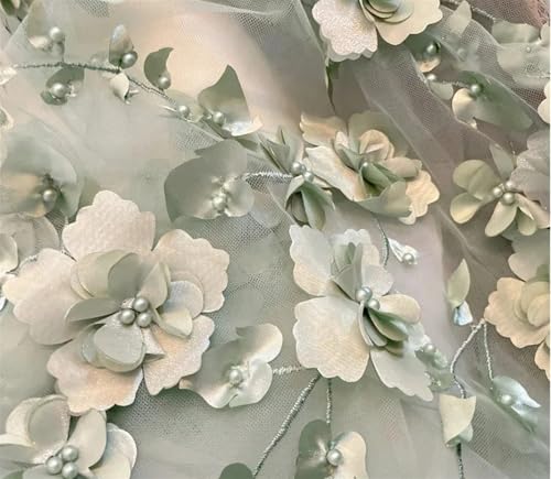 LIZHAYG Braut Spitze Stoffe 14 Farbe Perlen 3D Blume geheftet Spitze Stoff Hochzeit Kleid DIY Kleidung Nähen Stoff Spitzenstoff Zierspitze(Sage Green,1Meter) von LIZHAYG