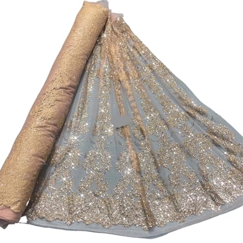 LIZHAYG Braut Spitze Stoffe 3 Yards gemusterter Stoff for Hochzeitskleider mit Mesh-Spitze in Goldspray-Optik, 150 cm Spitzenstoff Zierspitze(Gold) von LIZHAYG