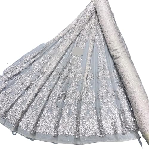 LIZHAYG Braut Spitze Stoffe 3 Yards gemusterter Stoff for Hochzeitskleider mit Mesh-Spitze in Goldspray-Optik, 150 cm Spitzenstoff Zierspitze(Silver) von LIZHAYG