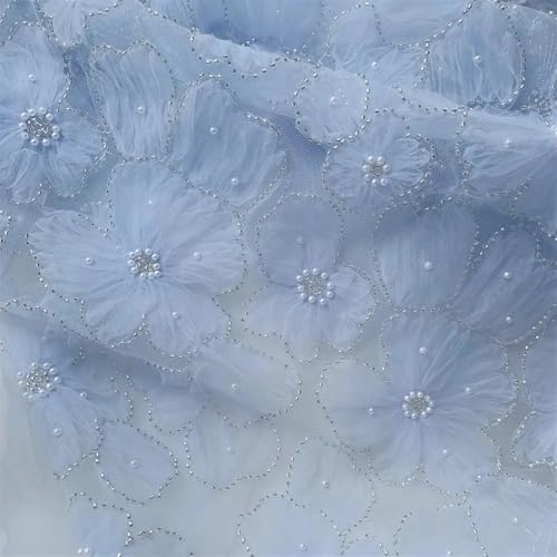 LIZHAYG Braut Spitze Stoffe 3D Mesh Blumen Silber Perlen Brautkleid Spitze Stoff Spitzenstoff Zierspitze(Blue) von LIZHAYG