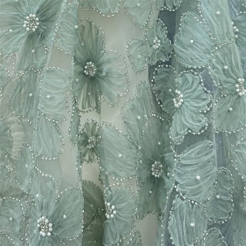 LIZHAYG Braut Spitze Stoffe 3D Mesh Blumen Silber Perlen Brautkleid Spitze Stoff Spitzenstoff Zierspitze(Green) von LIZHAYG